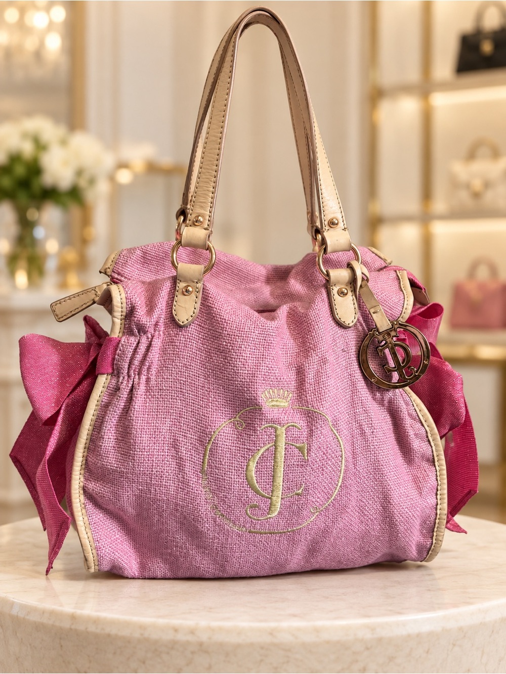 Juicy Couture Pink Canvas Shoulder Bag with Gold Accents Ms Daydreamer pink